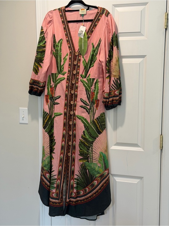 FARM Rio Dresses & Skirts - FARM Rio Pink Maxi Dress with Green Tropical Leaf Motif and Black Border